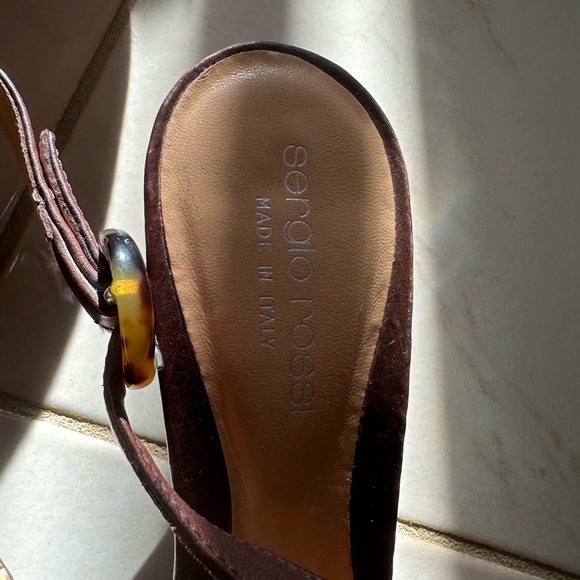 Sergio Rossi - Brown Leather Kitten Heeled Square Toe Slingbacks - Size 6 1/2 - Picture 5 of 11